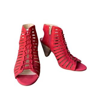 Vince Camuto Sandals Evalan Nubuck Leather Women Size 6 Peep Toe Cherry Red